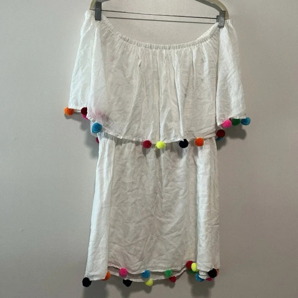 Pitusa White Off-Shoulder Swim Coverup with Multicolor Pom Poms - Picture 7 of 9